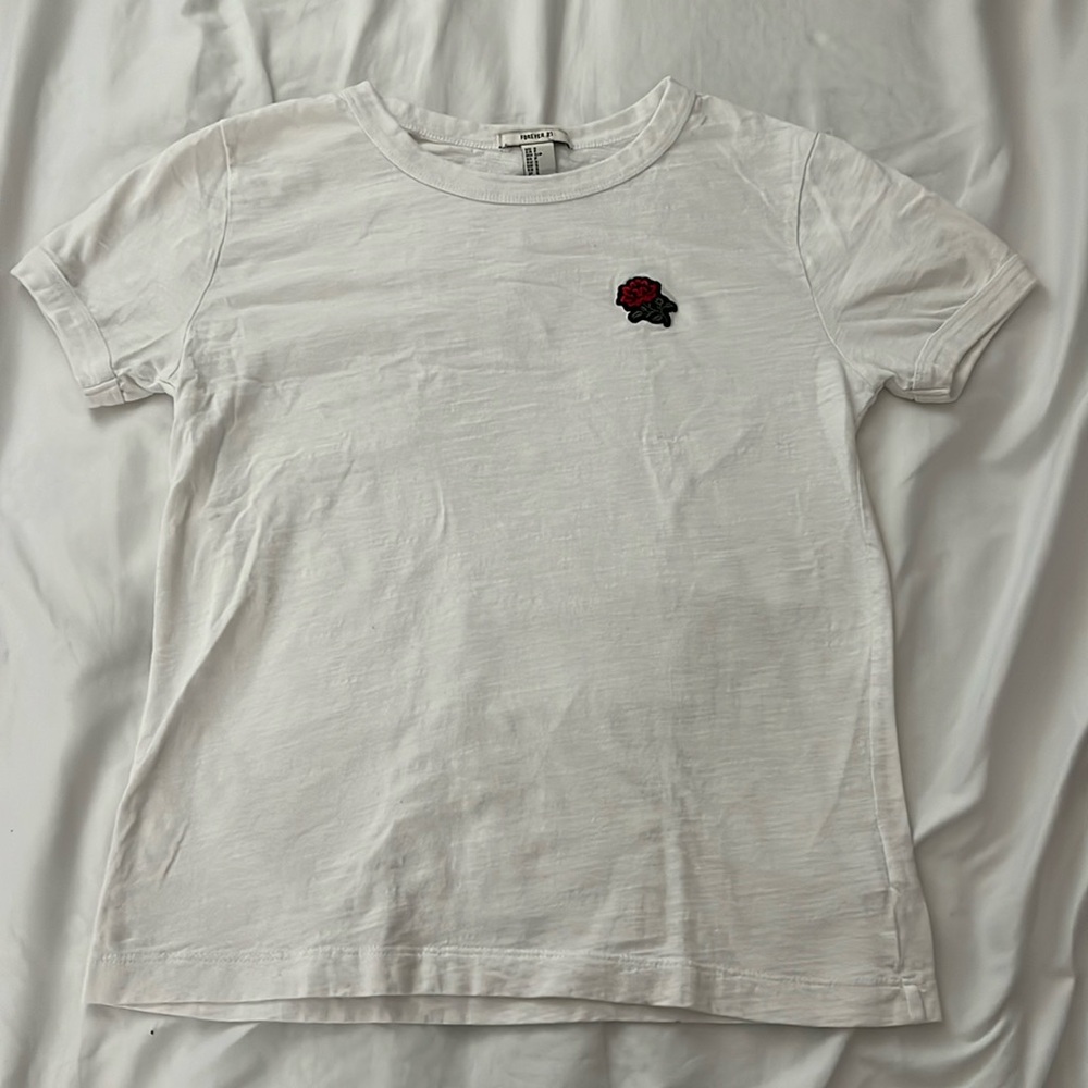 White T-Shirt with Flower Patch